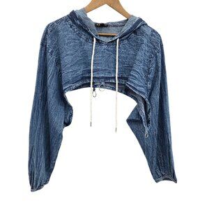 Acid Wash Denim Look Hoodie Pullover Top Crinkle StoneWash‎ 3X Grunge Y2K 90s